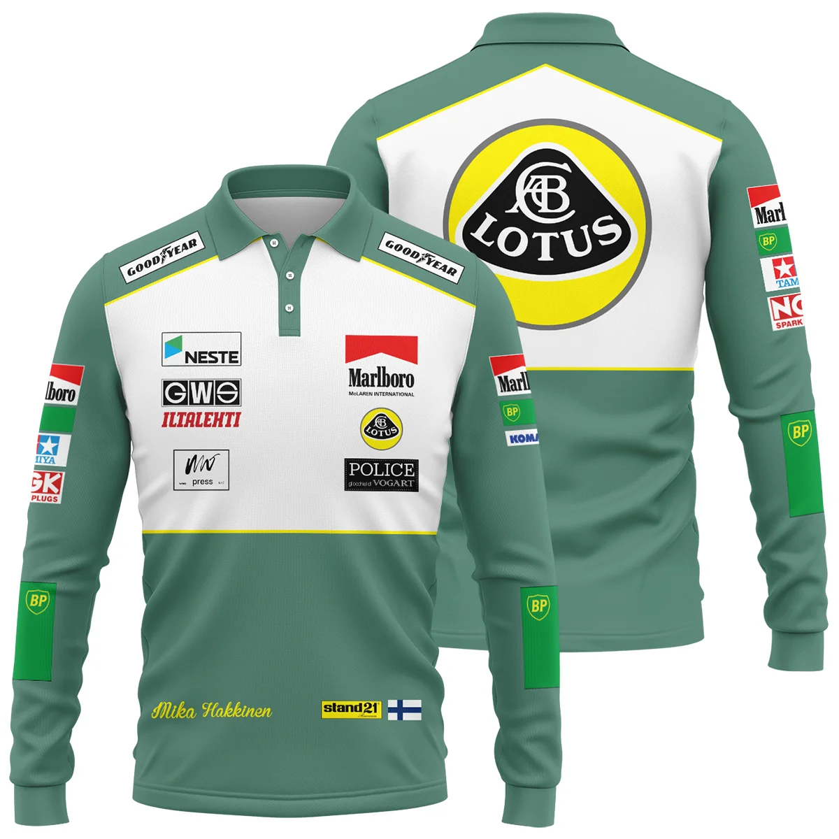 1991 Mika Hakkinen Racing Suit Lotus F1 Long Polo Shirt BLVAMH271025A2LPL
