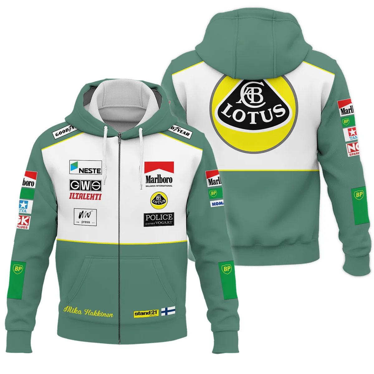 1991 Mika Hakkinen Racing Suit Lotus F1 Zipper Hoodie BLVAMH271025A2ZHD