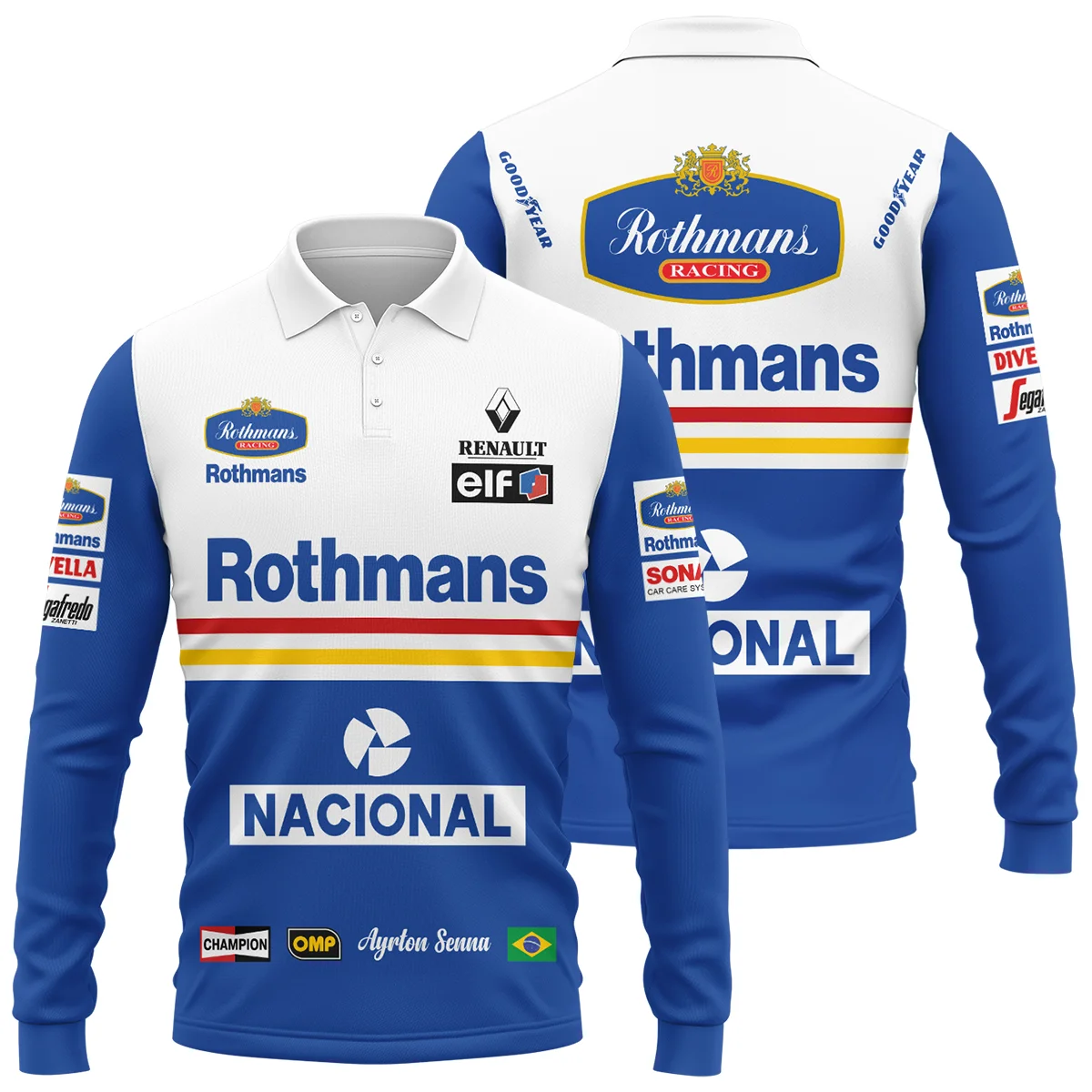 1994 Ayrton Senna Rothmans Williams Renault F1 Racing Team Long Polo Shirt BL3725A6LPL - Formula Racing Apparel