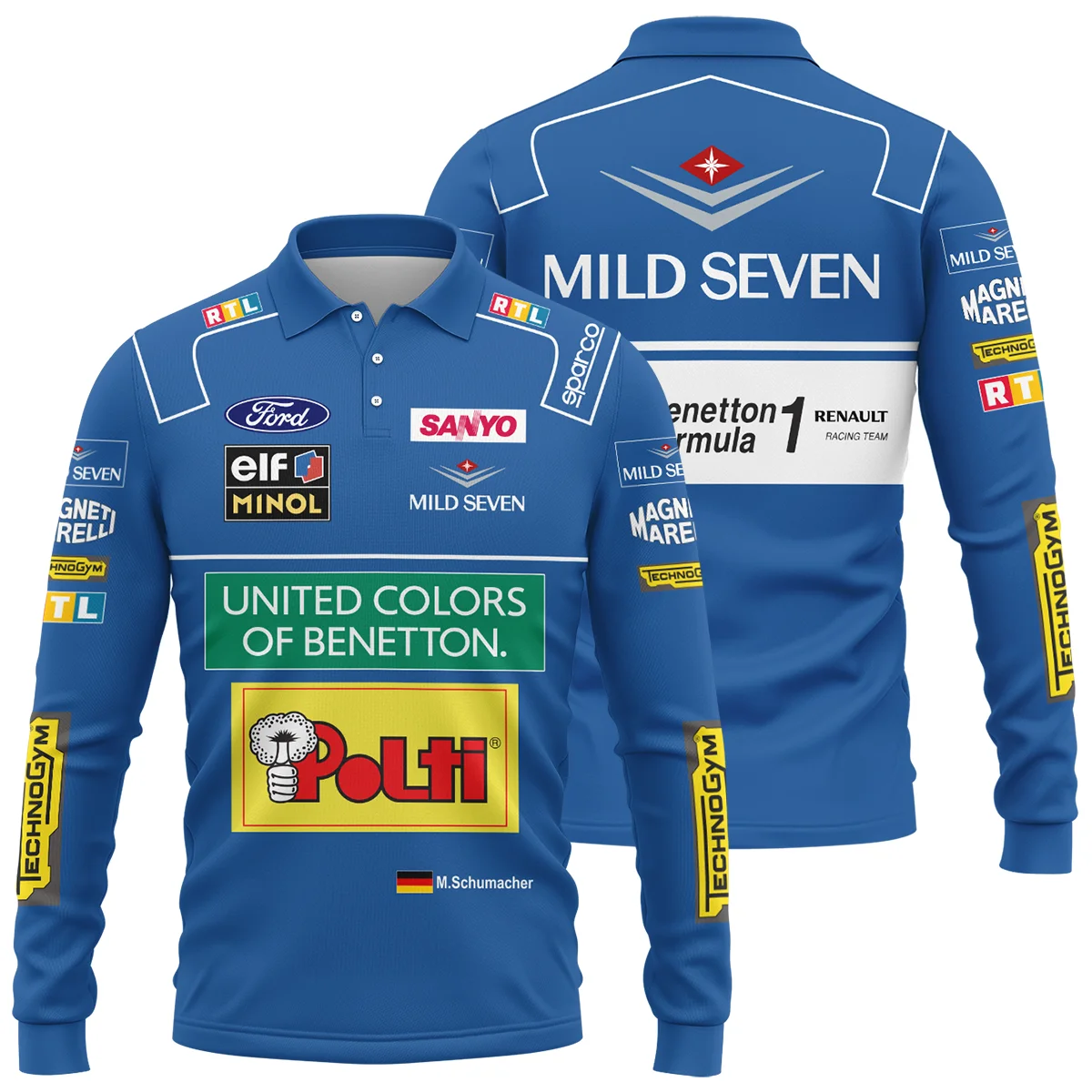 1994 WDC Michael Schumacher Race Suit Benetton F1 Long Polo Shirt BLVAMC020925A4LPL - Racing Lifestyle Clothing