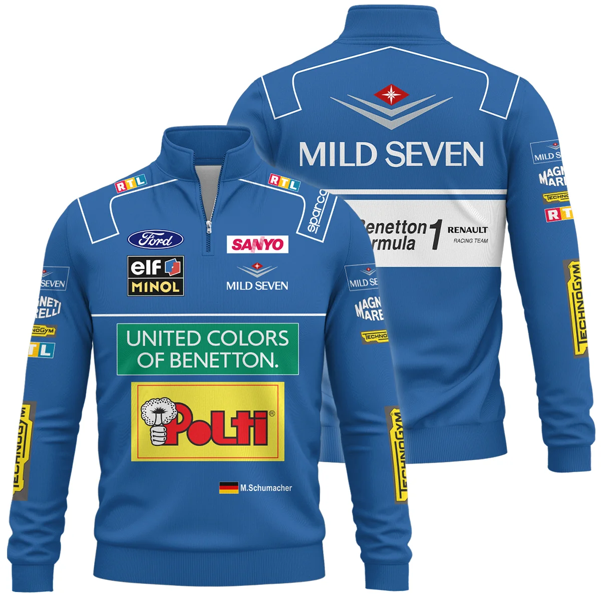1994 WDC Michael Schumacher Race Suit Benetton F1 Quarter-Zip Sweatshirt BLVAMC020925A4QZS - Trackside Outfit