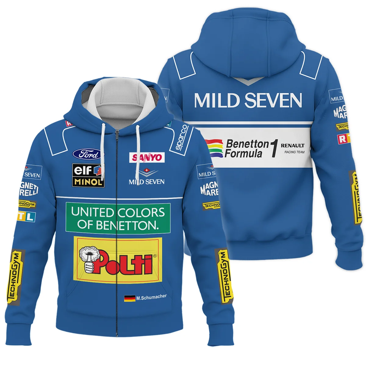 1994 WDC Michael Schumacher Race Suit Benetton F1 Zipper Hoodie BLVAMC020925A4ZHD - Formula Racing Apparel
