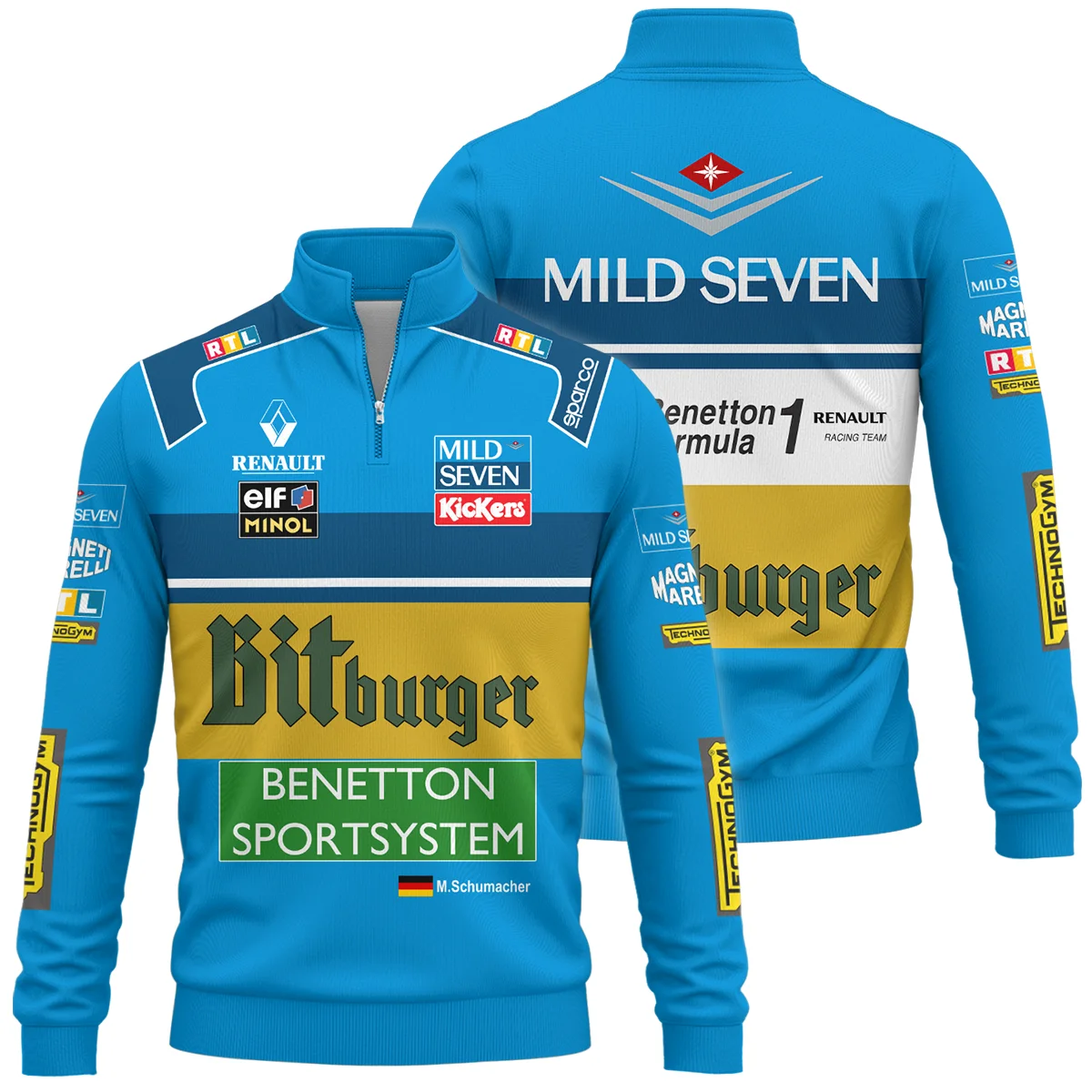 1995 WDC Michael Schumacher Race Suit Benetton F1 Quarter-Zip Sweatshirt BLVAMC020925A1QZS
