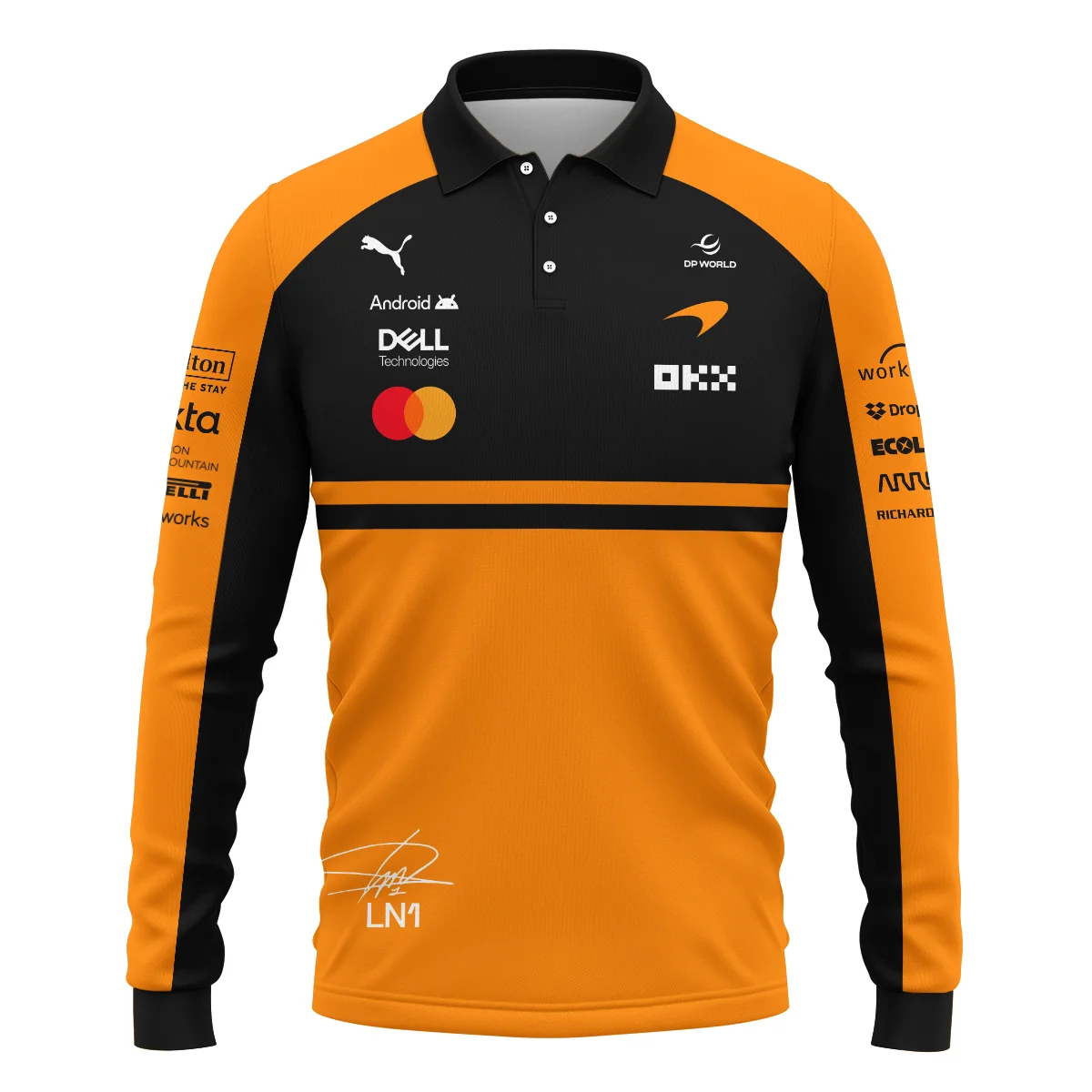 2026 Lando Norris 1 McLaren F1 Teamwear Long Polo Shirt BLNR25326A1LPL - Orange - Image 2