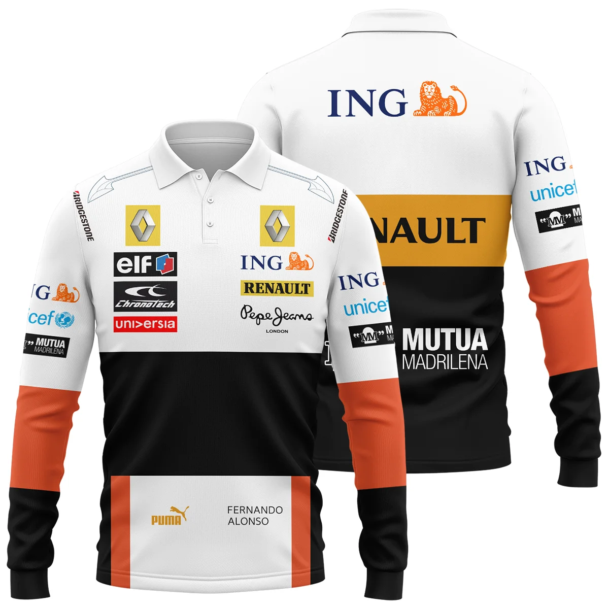 2008 Fernando Alonso Racing Suit Renault F1 Long Polo Shirt BLVAFA030925A8LPL - F1 Fan Gear