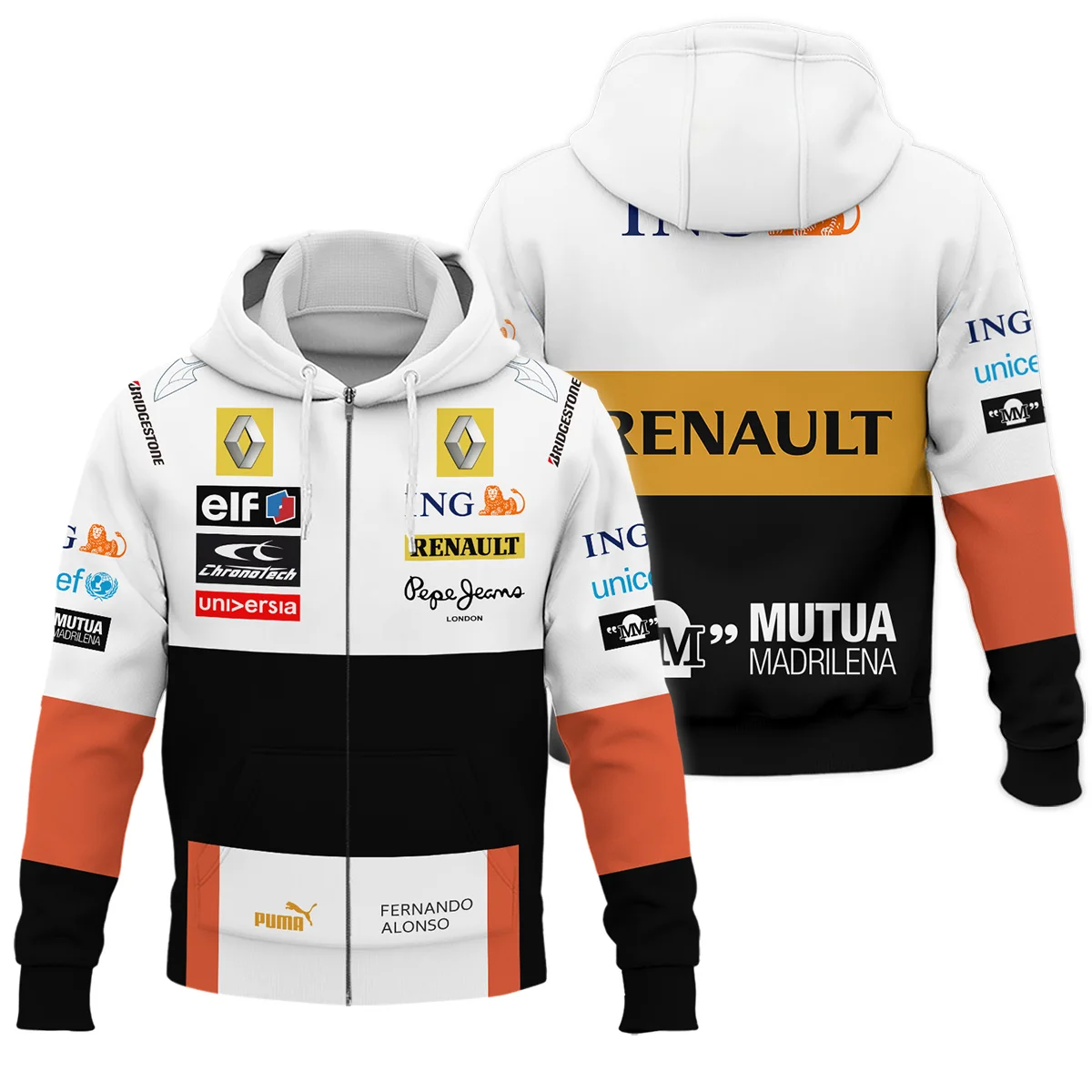 2008 Fernando Alonso Racing Suit Renault F1 Zipper Hoodie BLVAFA030925A8ZHD - Pit Lane Clothing
