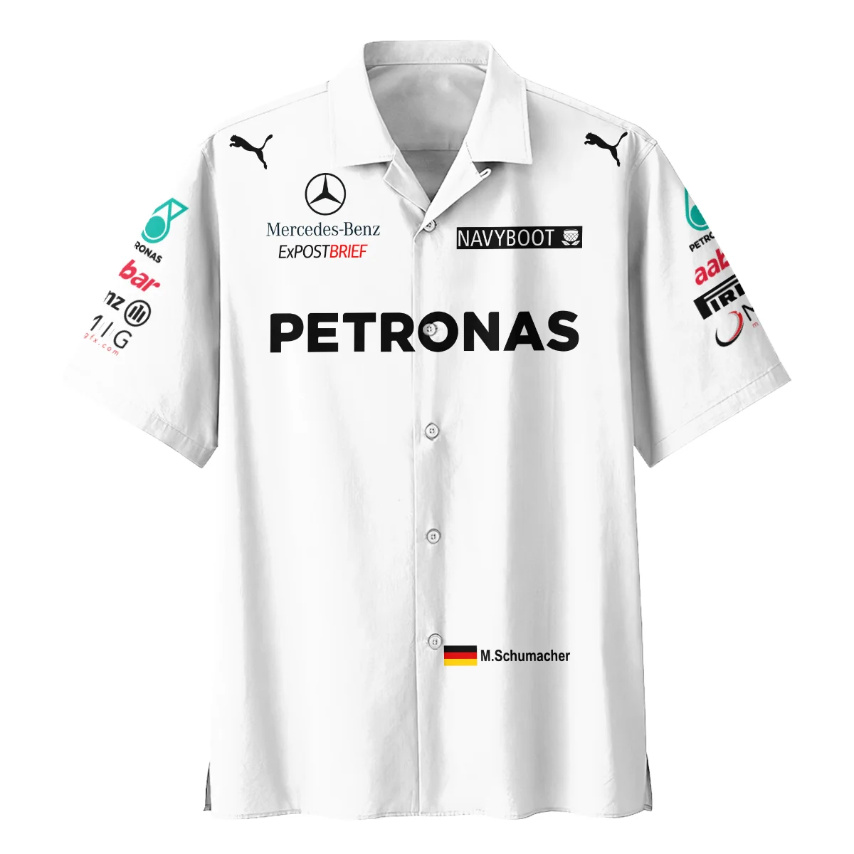 Alternative view of 2012 Michael Schumacher Race Suit Mercedes F1 Hawaiian Shirt BLVAMC020925A2HW