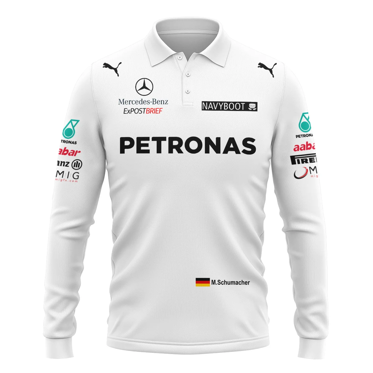 Alternative view of 2012 Michael Schumacher Race Suit Mercedes F1 Long Polo Shirt BLVAMC020925A2LPL