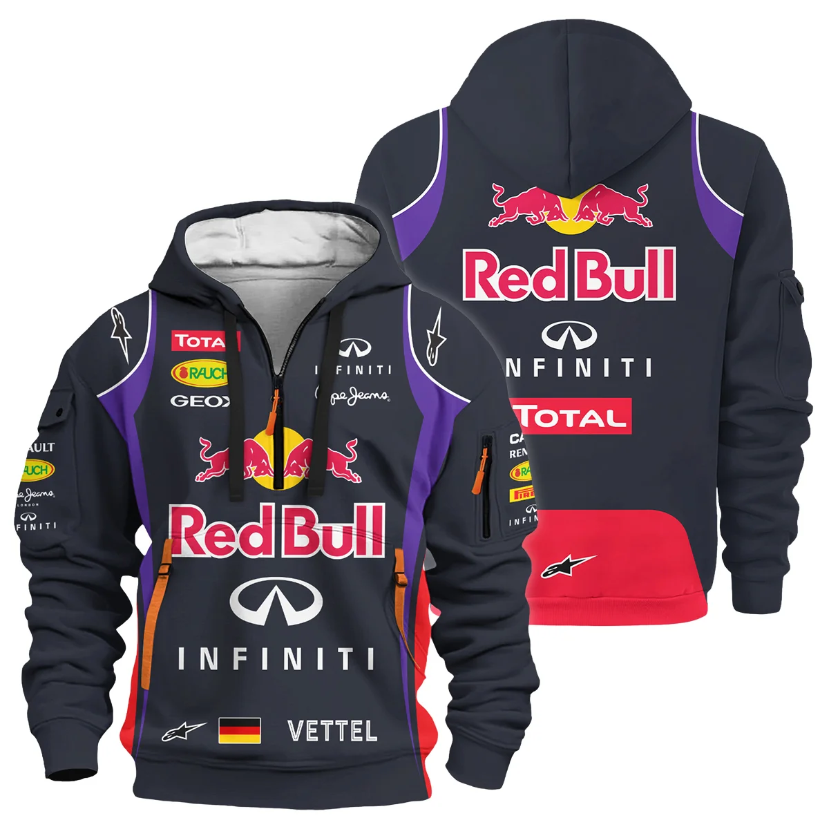 2013 Sebastian Vettel Racing Suit Red Bull Racing F1 Hoodie Half Zip BLVASV110925A4HDF - Race Day Design