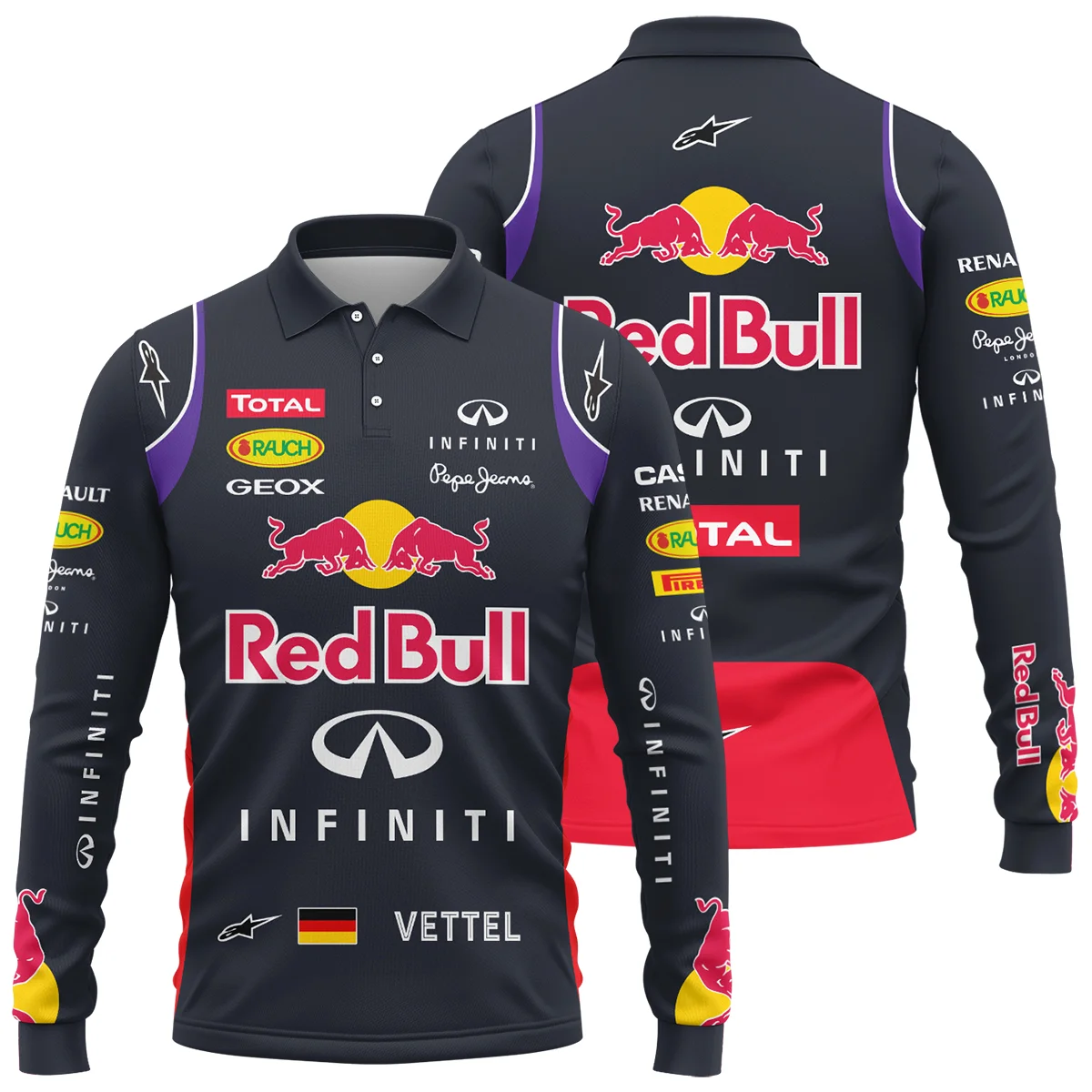 2014 Sebastian Vettel Racing Suit Red Bull Racing F1 Long Polo Shirt BLVASV110925A3LPL - Formula Racing Apparel