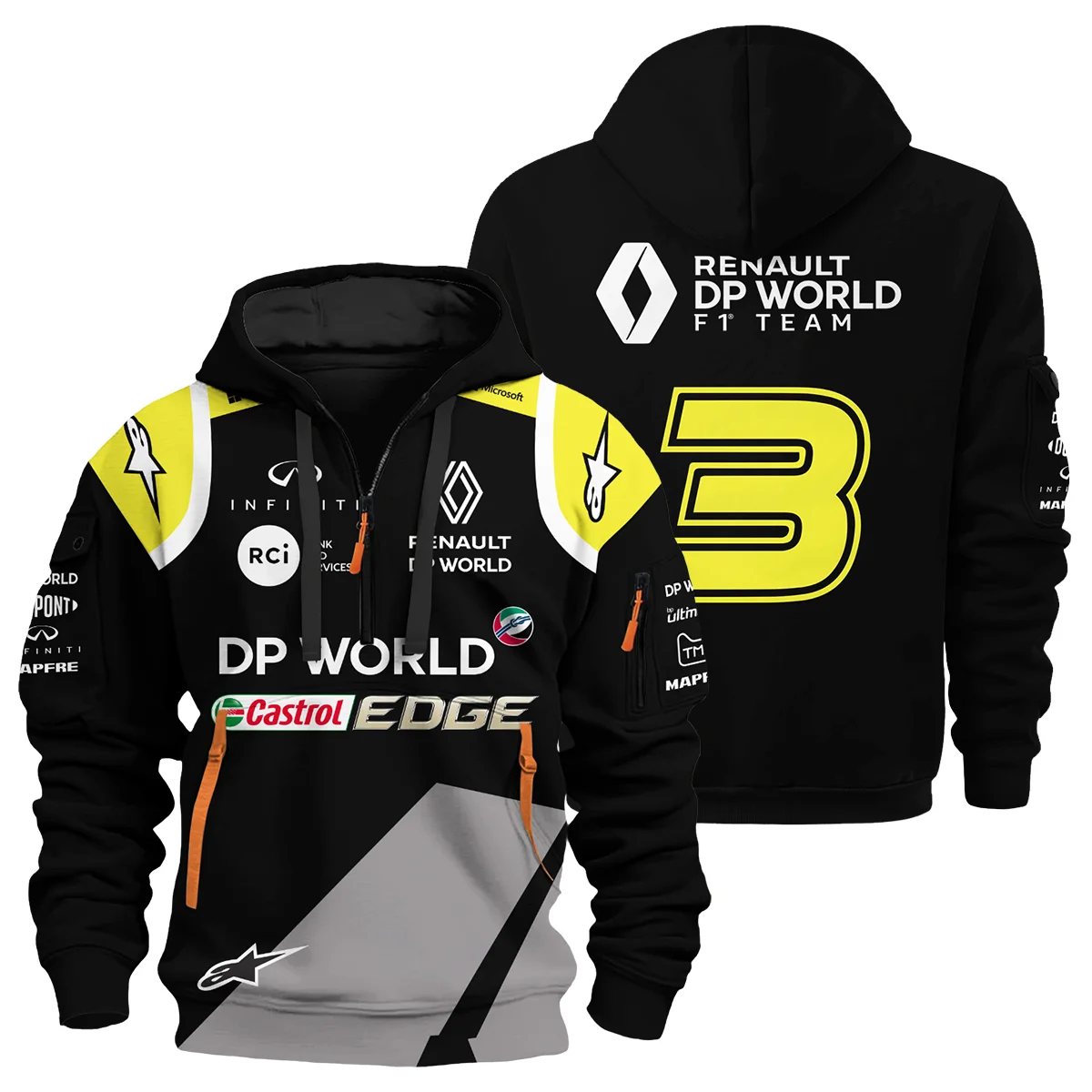 2018 Daniel Ricciardo Renault DP World Race Suit Hoodie Half Zipper BLVA180725A01HDF - F1 Fan Gear