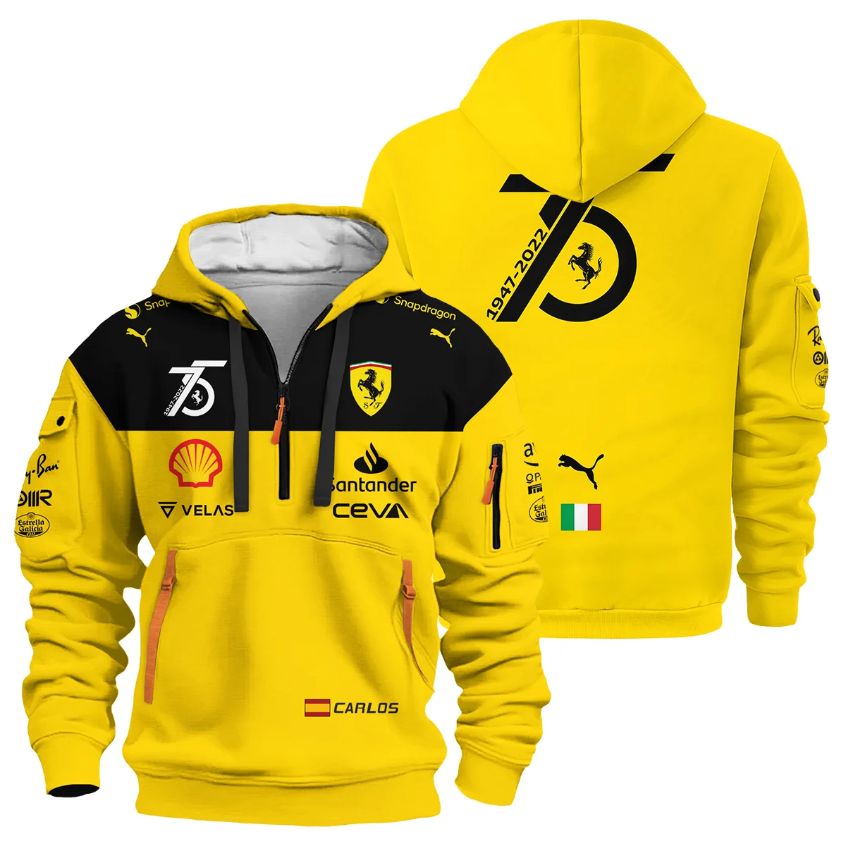 2022 75th Anniversary Carlos Sainz Racing Suit Ferrari F1 Hoodie Half Zip BLVACS190825A13HDF - Pit Lane Clothing