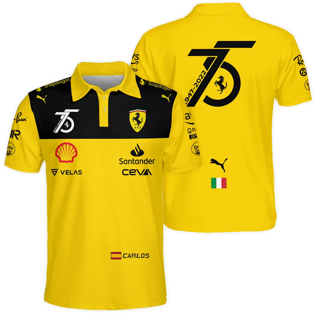 2022 75th Anniversary Carlos Sainz Racing Suit Ferrari F1 Polo Shirt BLVACS190825A13PL - Race Day Design