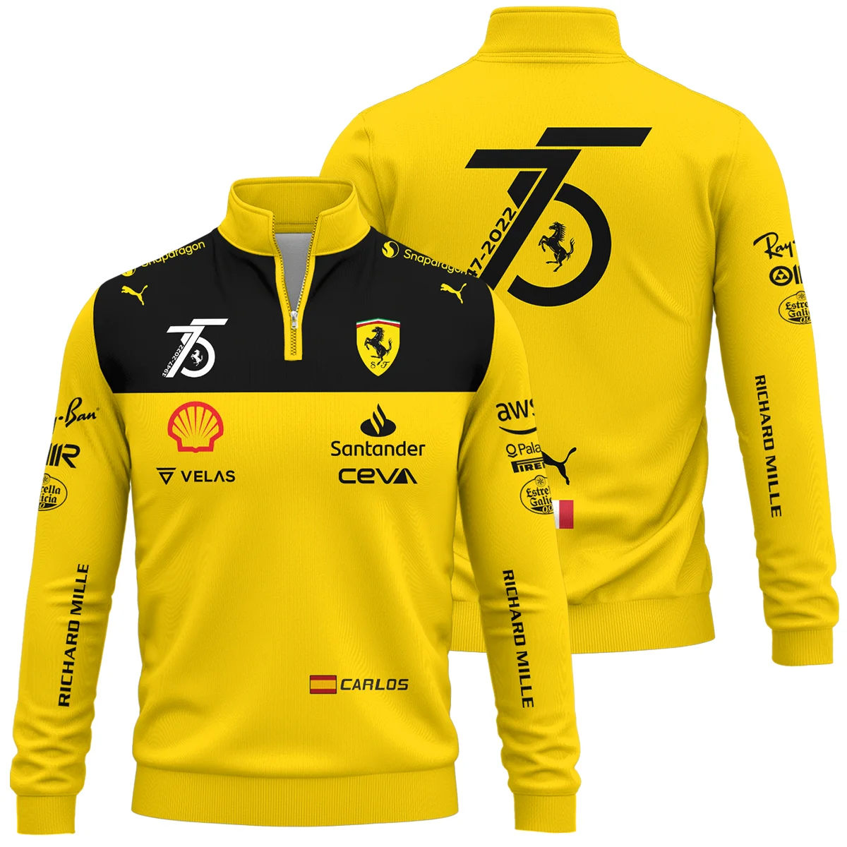 2022 75th Anniversary Carlos Sainz Racing Suit Ferrari F1 Quarter-Zip Sweatshirt BLVACS190825A13QZS - Motorsport Apparel