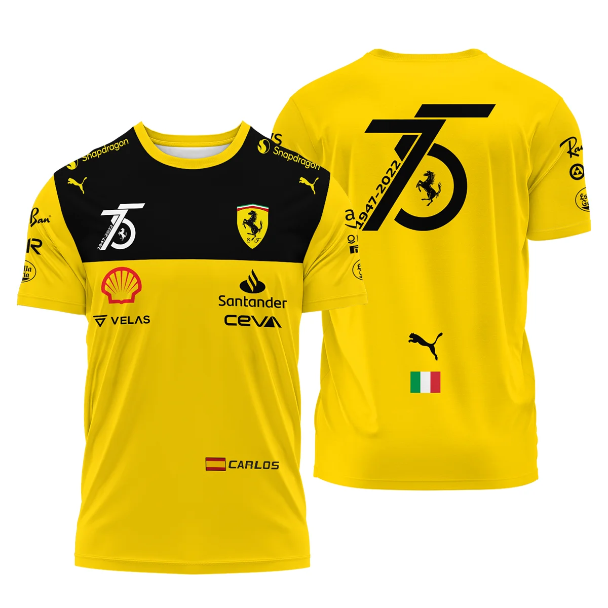 2022 75th Anniversary Carlos Sainz Racing Suit Ferrari F1 T-Shirt BLVACS190825A13TS - Racing Lifestyle Clothing