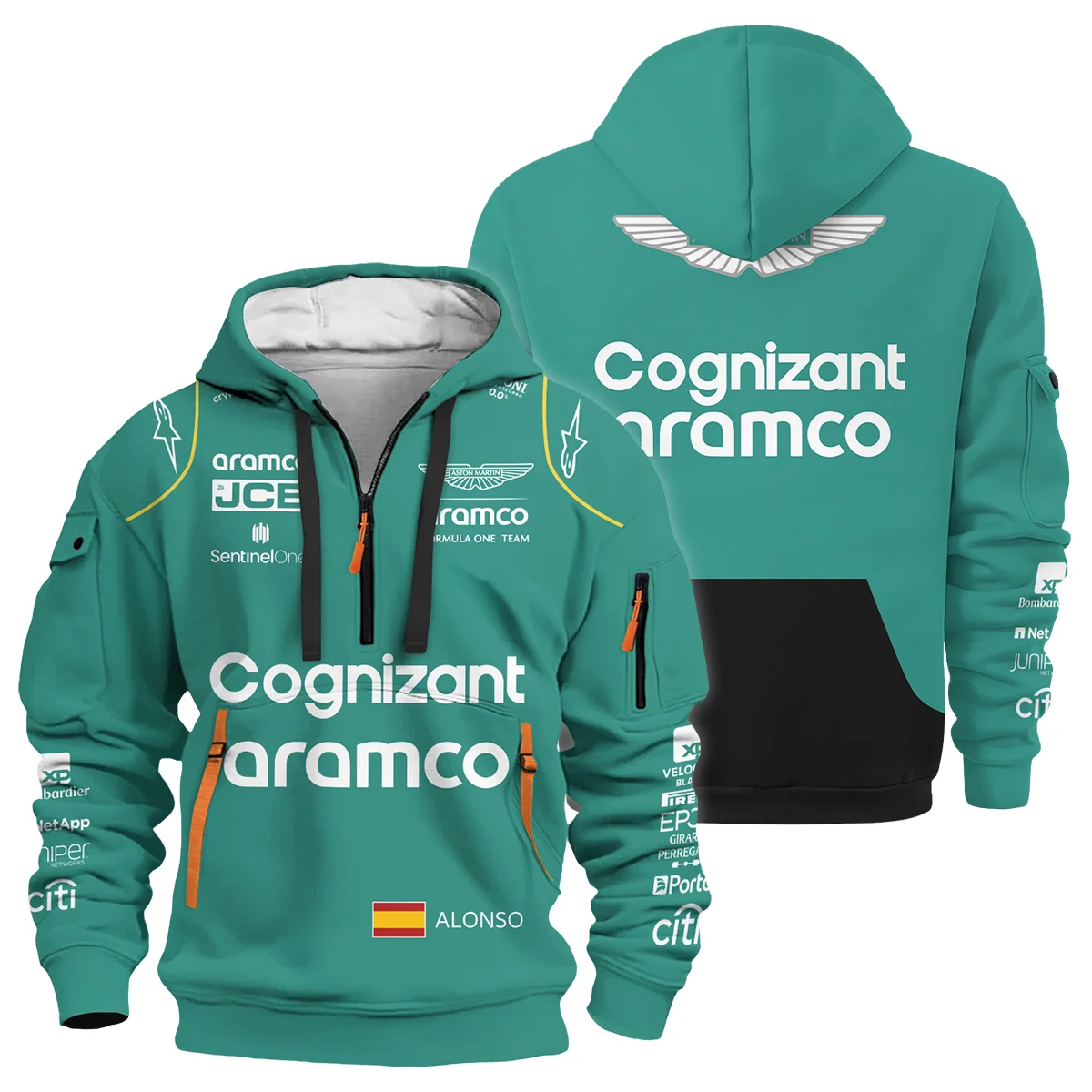 2023 Fernando Alonso Racing Suit Aston Martin F1 Hoodie Half Zip BLVAFA030925A10HDF - Formula Racing Apparel