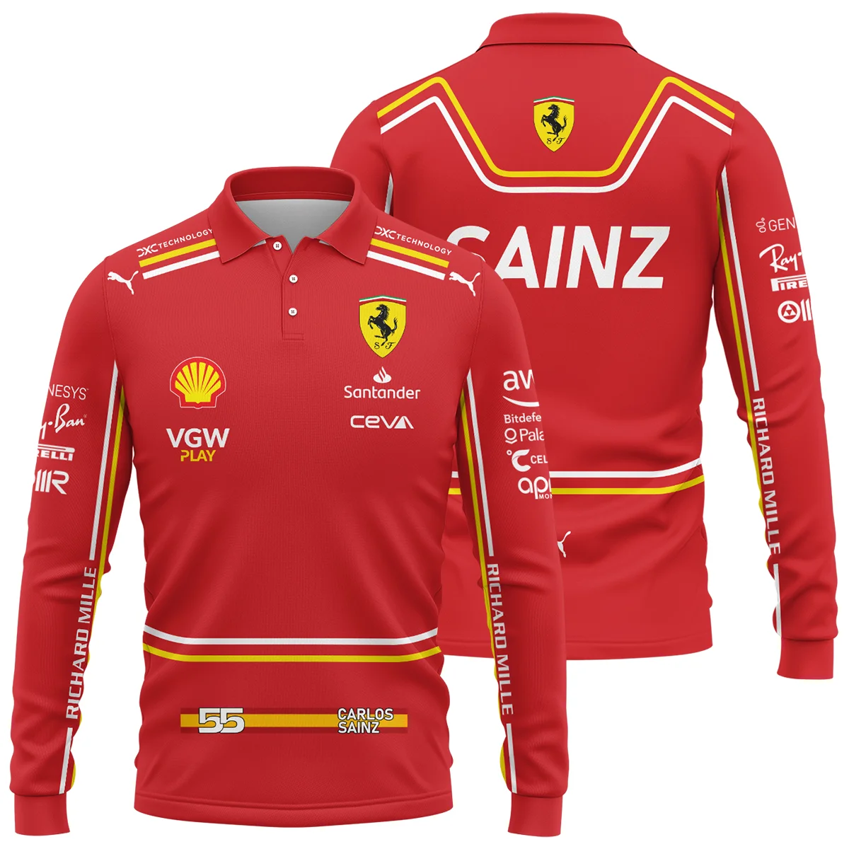 2024 Carlos Sainz Racing Suit Ferrari F1 Long Polo Shirt BLVACS190825A8LPL - Race Day Design