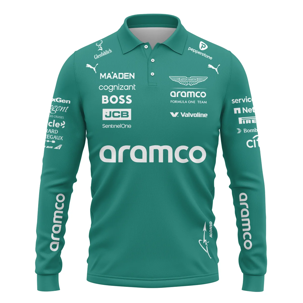 Alternative view of 2025 Fernando Alonso Racing Suit Aston Martin F1 Long Polo Shirt BLVAFA030925A11LPL