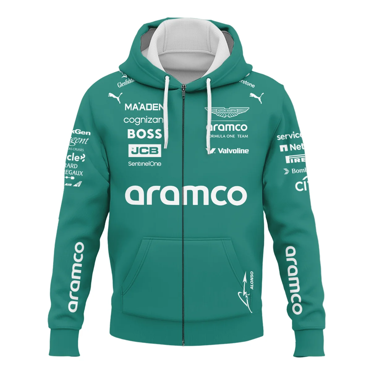 Alternative view of 2025 Fernando Alonso Racing Suit Aston Martin F1 Zipper Hoodie BLVAFA030925A11ZHD