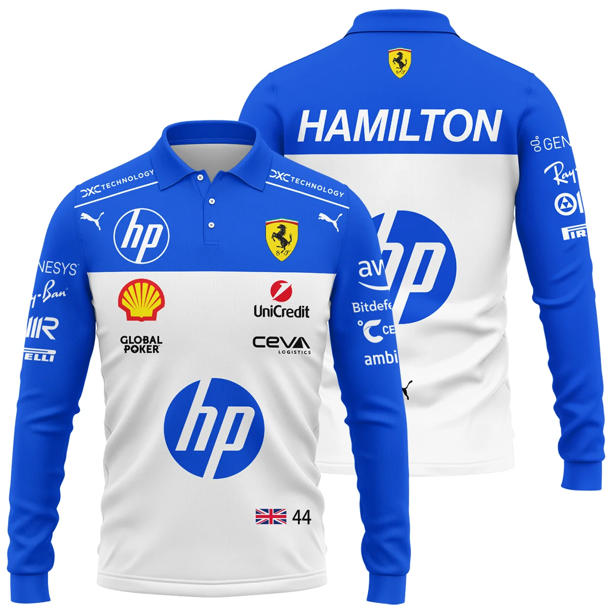 2025 Miami GP Lewis Hamilton Racing Suit Ferrari F1 Long Polo Shirt BLVALH180825A1LPL - Race Day Design
