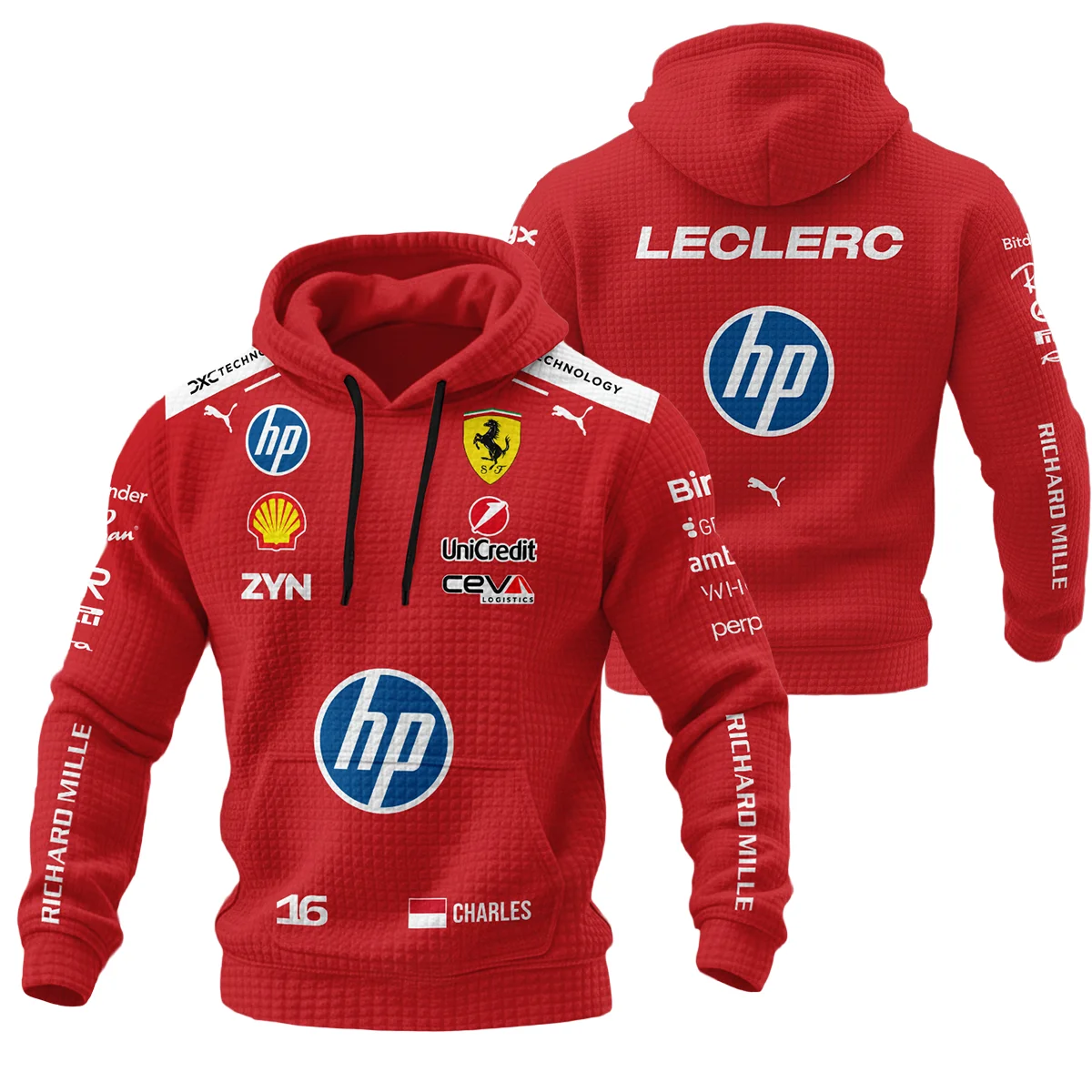2026 Charles Leclerc Ferrari F1 Teamwear Hoodie Quilted Waffle BLVAFRR2226A1HQW - F1 Fan Gear