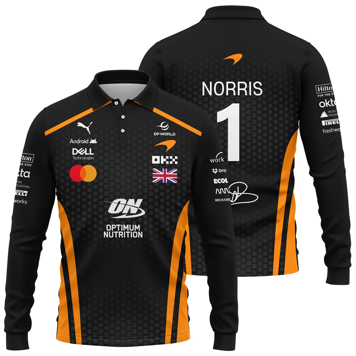 2026 Lando Norris McLaren F1 Teamwear Long Polo Shirt BLNR26226A1LPL - Orange - Pit Lane Clothing
