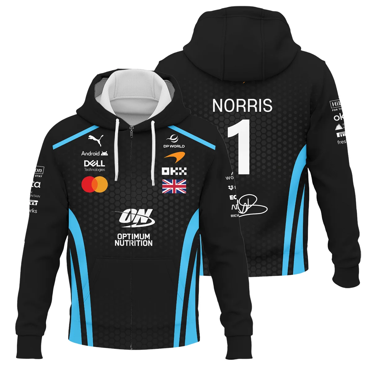 2026 Lando Norris McLaren F1 Teamwear Zipper Hoodie BLNR26226A3ZHD - Cyan - Race Day Design