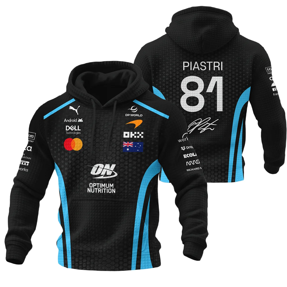 2026 Oscar Piastri McLaren F1 Teamwear Hoodie Quilted Waffle BLOP26226A3HQW - Cyan - F1 Fan Gear