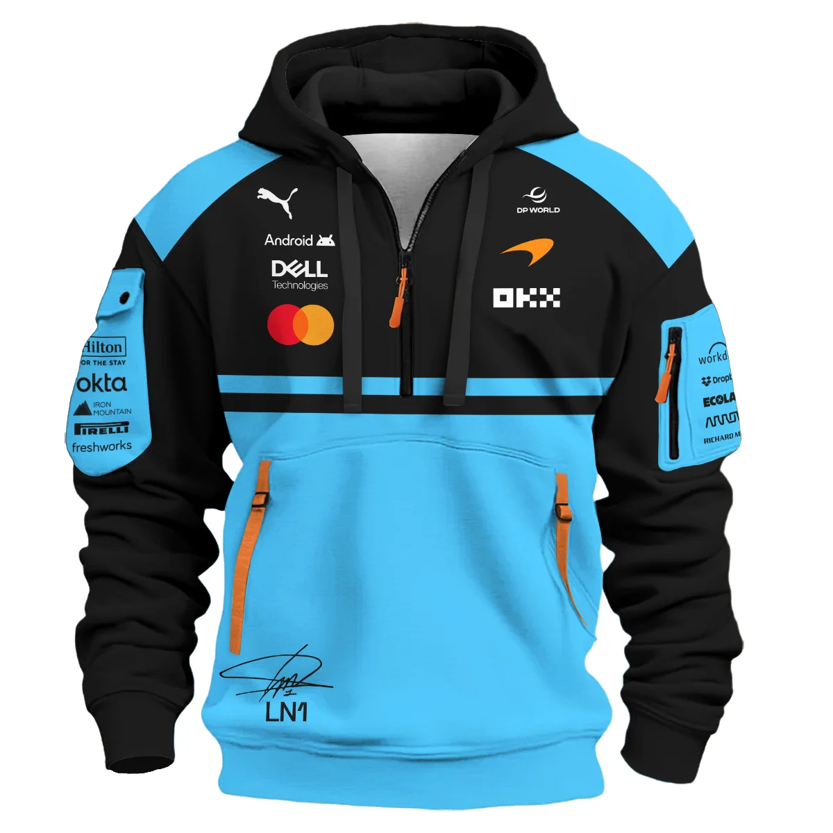 2026 Lando Norris 1 McLaren F1 Teamwear Hoodie Half Zip BLNR25326A3HDF - Cyan - Image 2