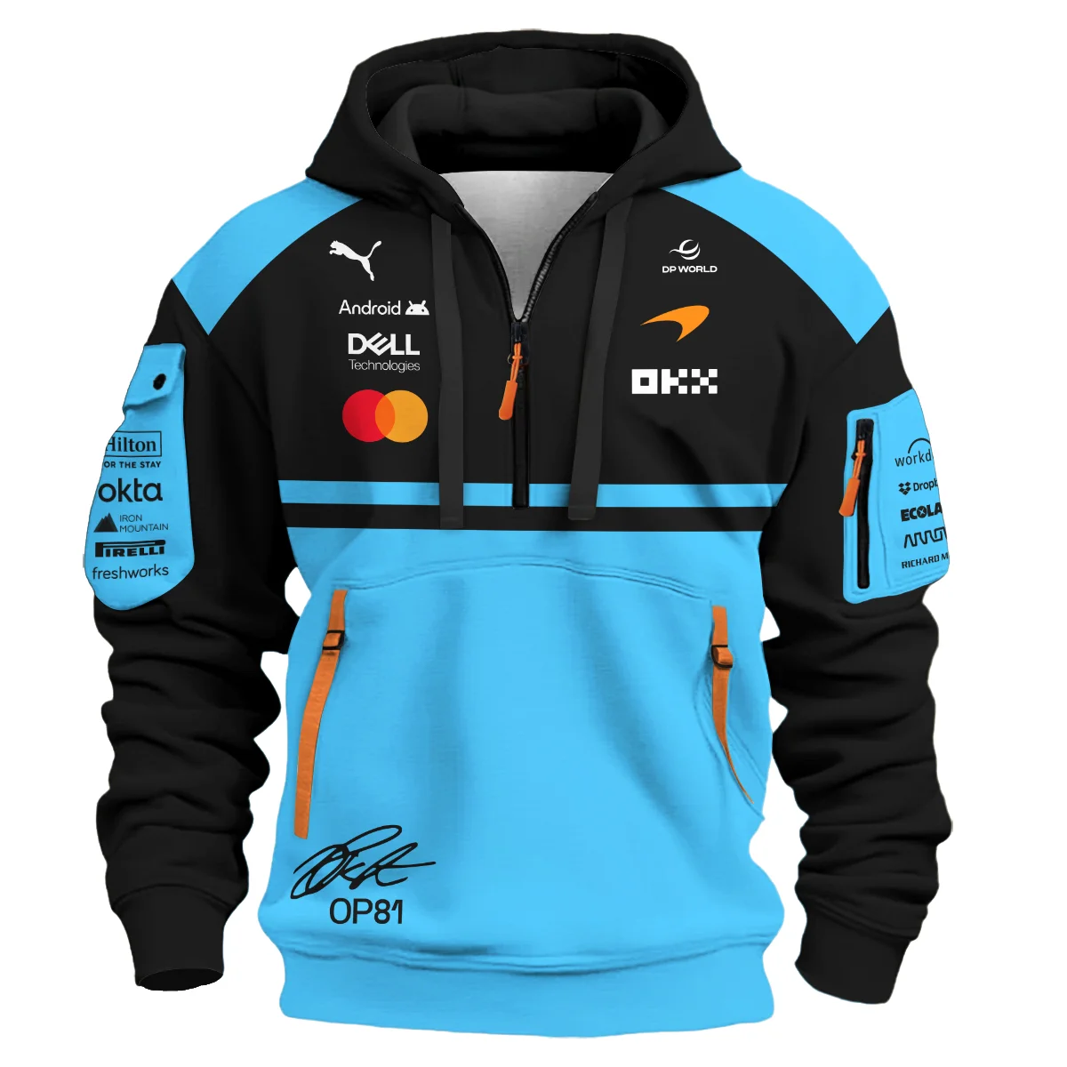 2026 Oscar Piastri 81 McLaren F1 Teamwear Hoodie Half Zip BLOP25326A3HDF - Cyan - Image 2