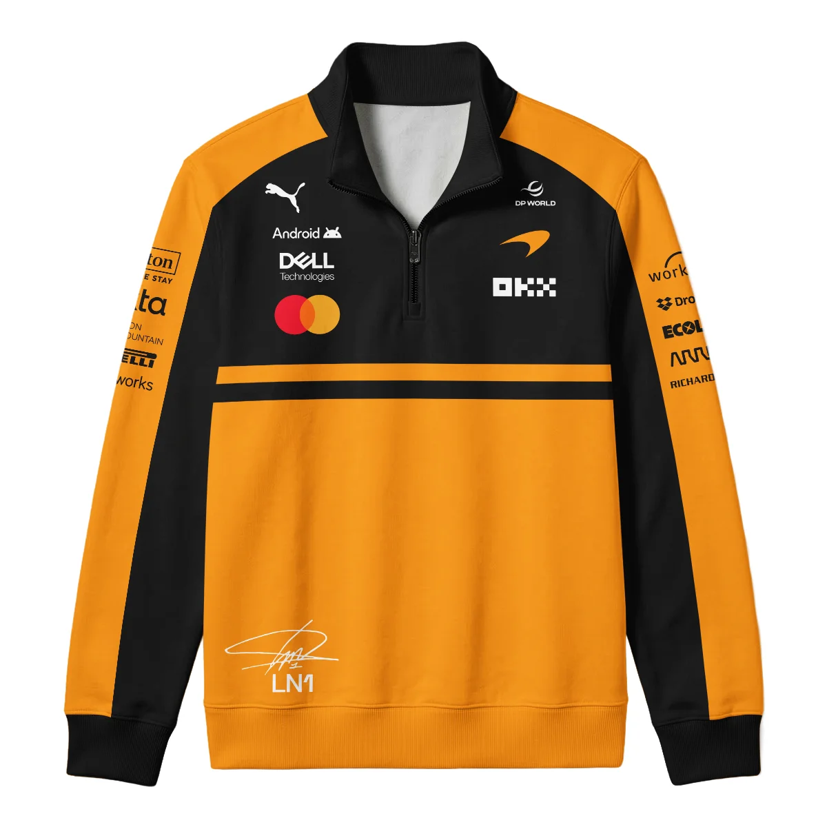 2026 Lando Norris 1 McLaren F1 Teamwear Quarter Zip Sweatshirt BLNR25326A1QZS - Orange - Image 2