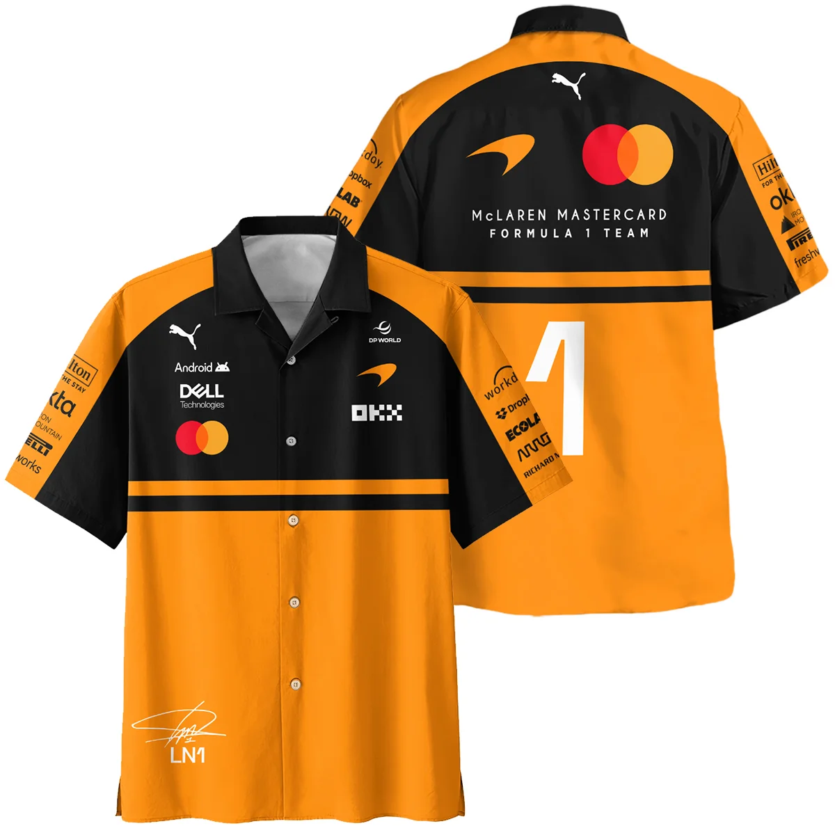 2026 Lando Norris 1 McLaren F1 Teamwear Hawaiian Shirt BLNR25326A1HW - Orange