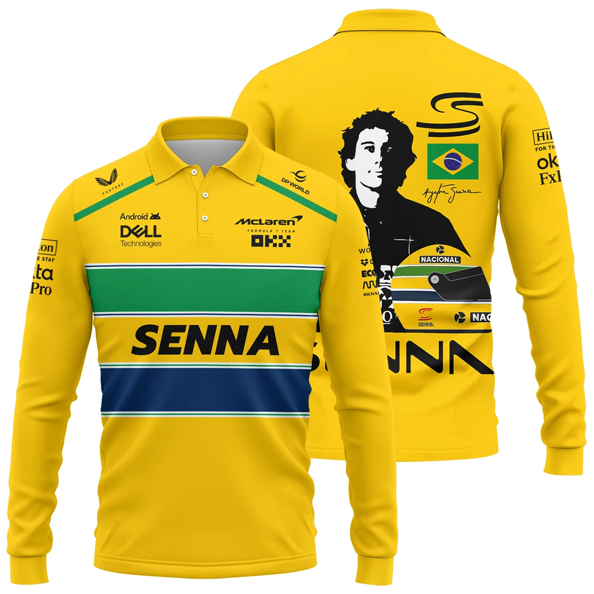 Ayrton Senna Flag And Helmet McLaren F1 Long Polo Shirt BLF13625A4LPL - Race Day Design