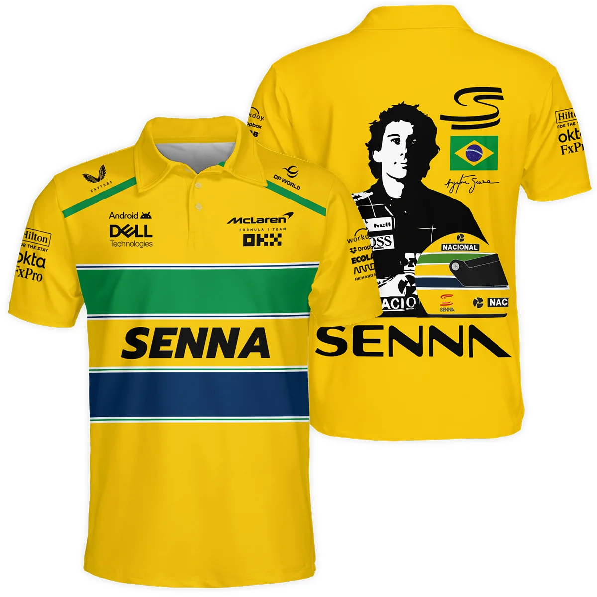 Ayrton Senna Flag And Helmet McLaren F1 Polo Shirt BLF13625A4PL - Motorsport Apparel