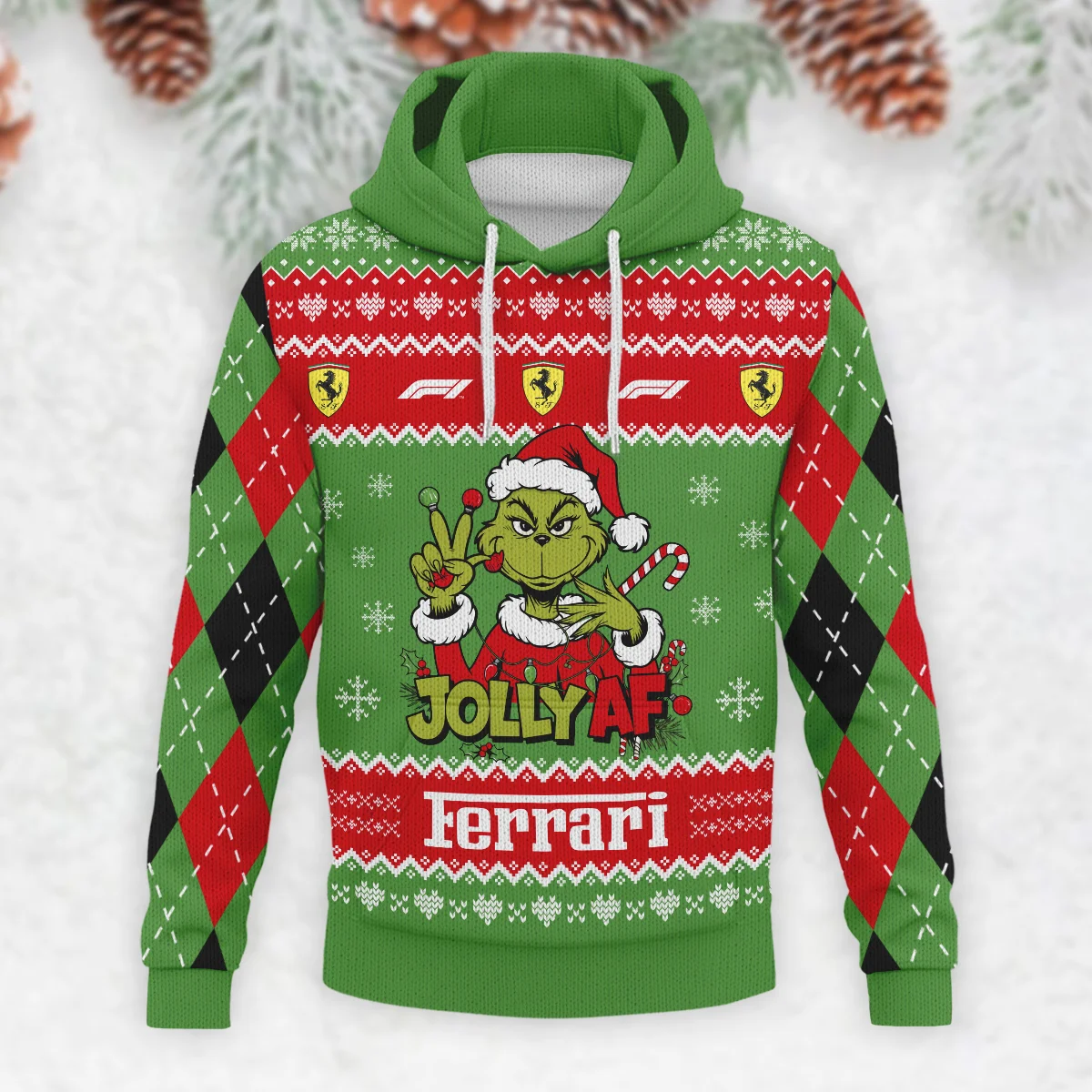 Jolly AF The Grinch Ferrari Formula 1 - Knitted Hoodie BLVAF12209250A16FRR - Image 2
