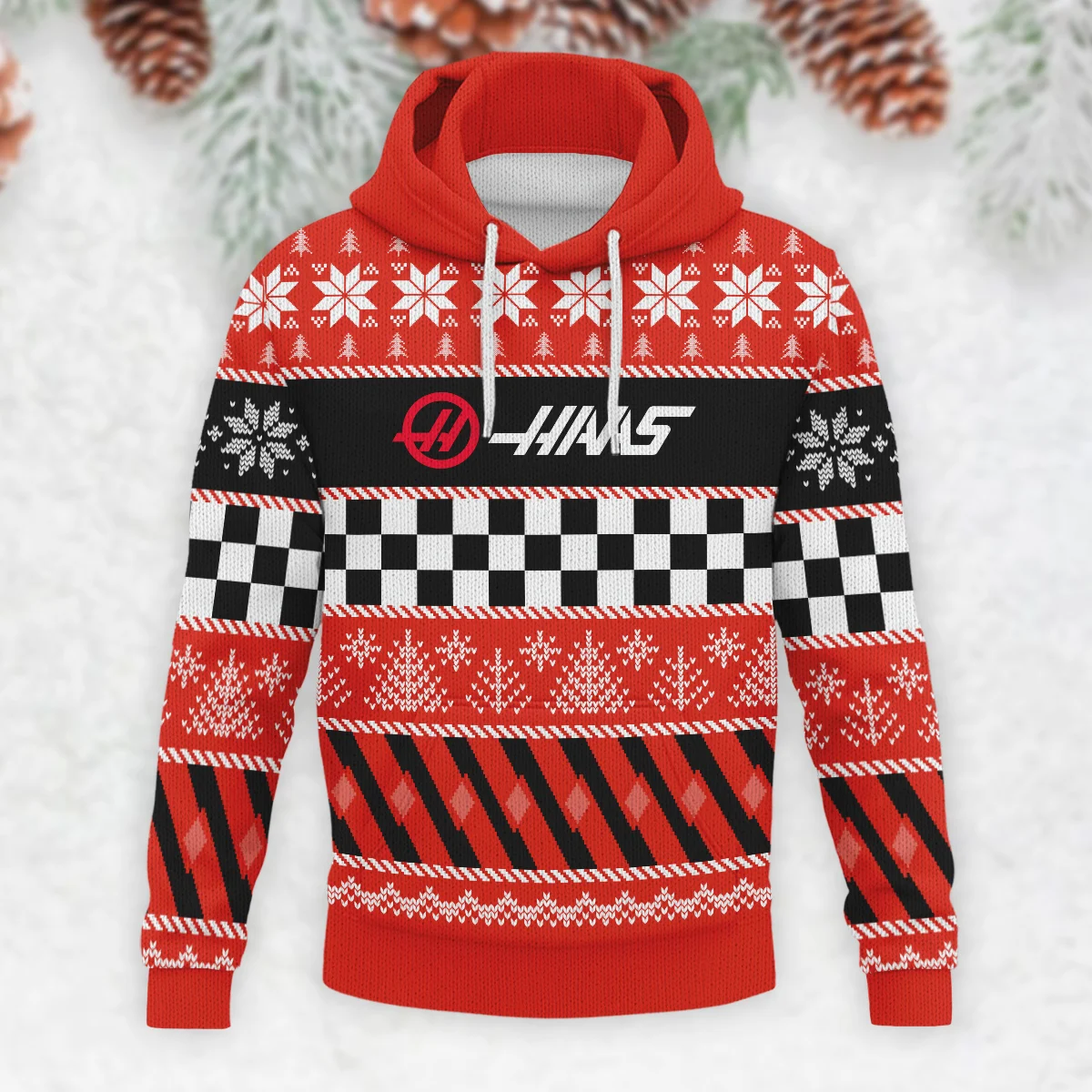 Racing Xmas Pattern Haas Formula 1 - Knitted Hoodie BLVAF12209250A28HAAS - Image 2