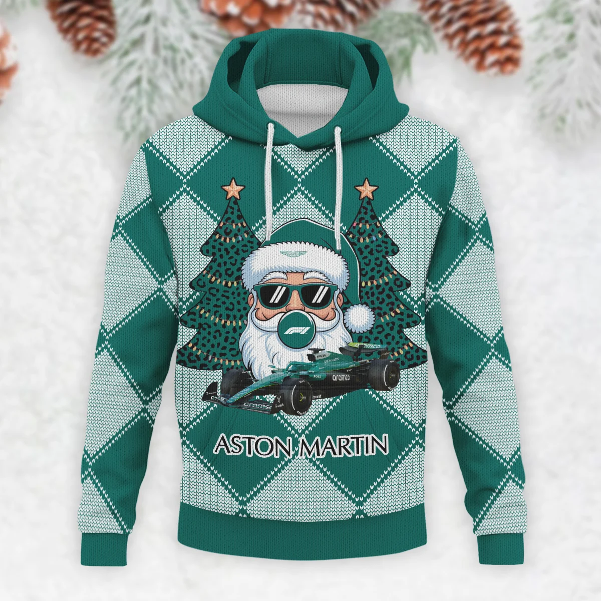 Santa Pinetree Car Aston Martin Formula 1 - Knitted Hoodie BLVAF12209250A25AM - Image 2
