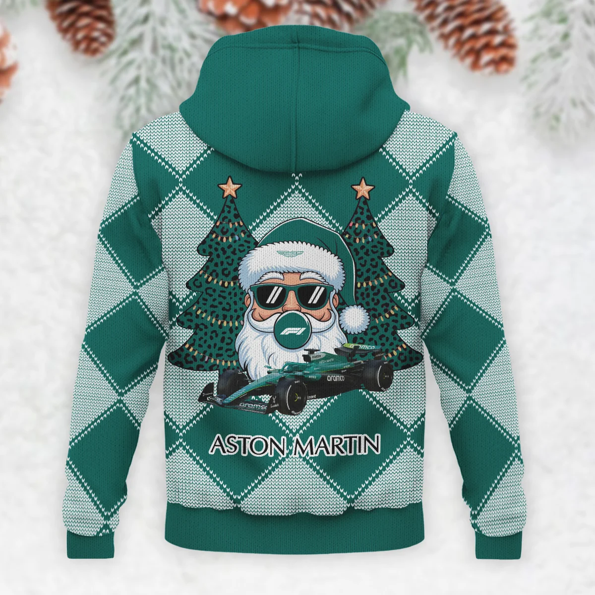 Santa Pinetree Car Aston Martin Formula 1 - Knitted Hoodie BLVAF12209250A25AM - Image 3
