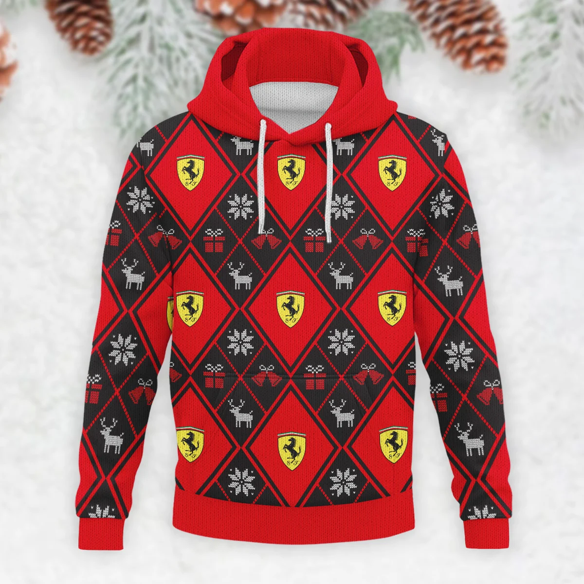 Square Xmas Pattern Ferrari Formula 1 - Knitted Hoodie BLVAF12209250A31FRR - Image 2