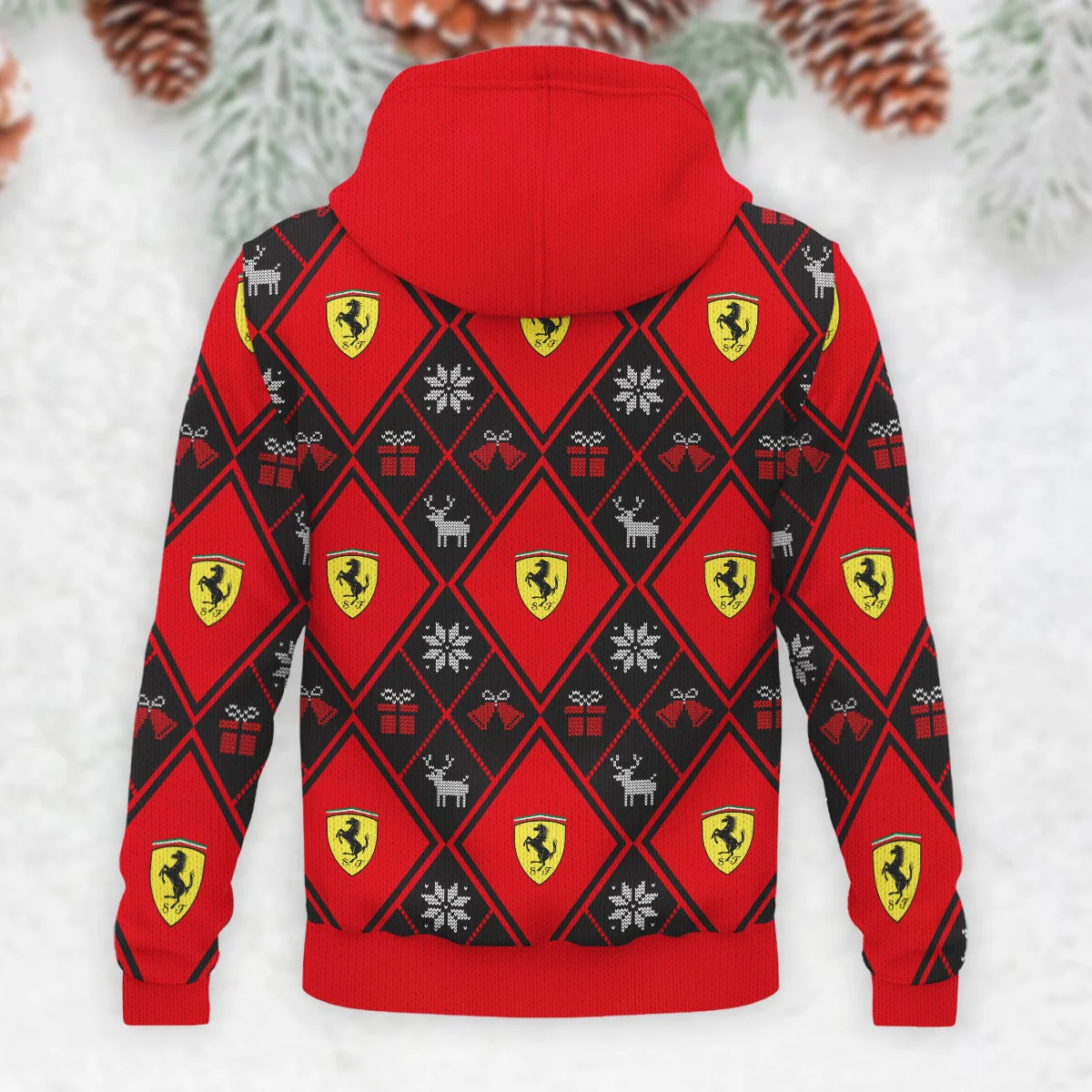 Square Xmas Pattern Ferrari Formula 1 - Knitted Hoodie BLVAF12209250A31FRR - Image 3