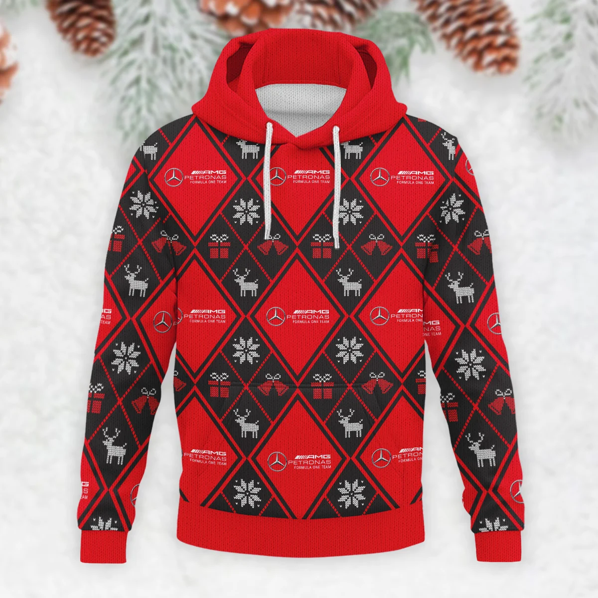 Square Xmas Pattern Mercedes Formula 1 - Knitted Hoodie BLVAF12209250A31MER - Image 2