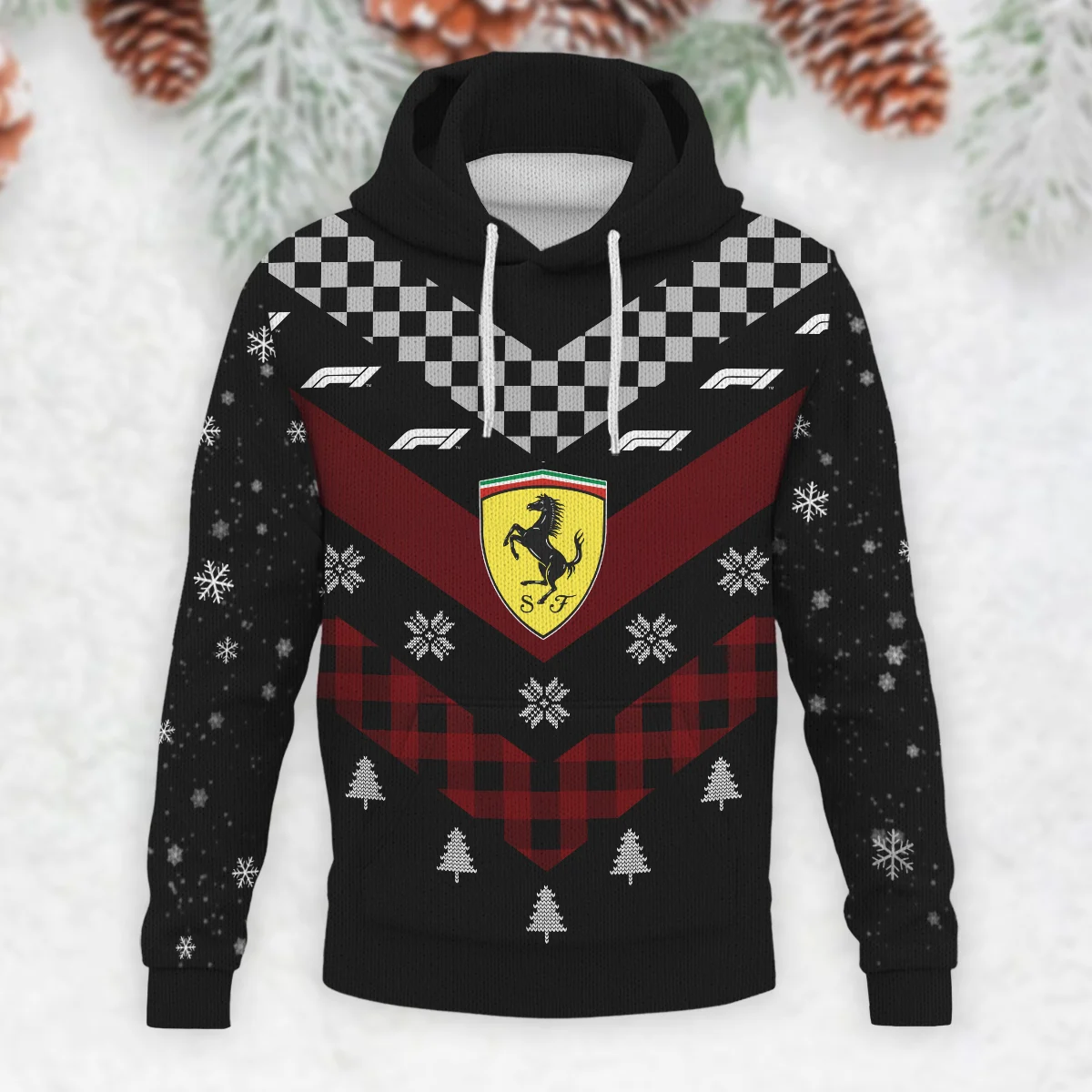 Winter Xmas Pattern Ferrari Formula 1 - Knitted Hoodie BLVAF12209250A32FRR - Image 2
