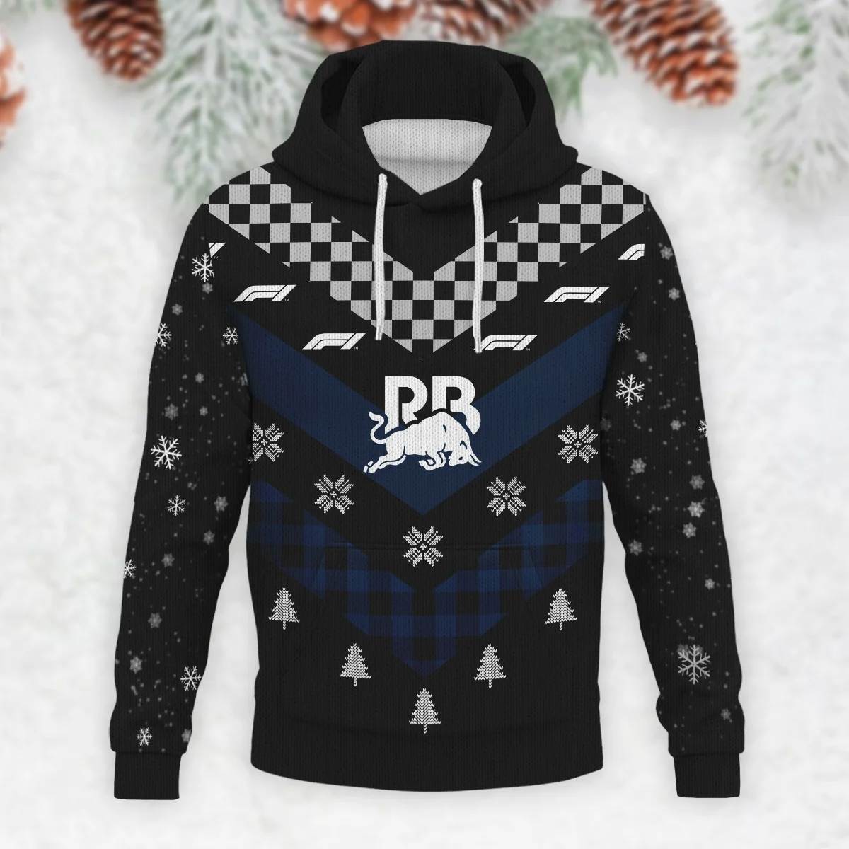 Winter Xmas Pattern Racing Bulls Formula 1 - Knitted Hoodie BLVAF12209250A32RAC - Image 2