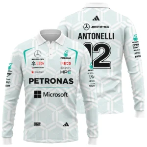 2026 Kimi Antonelli Mercedes F1 Teamwear Long Polo Shirt BLKA29326A2LPL - White