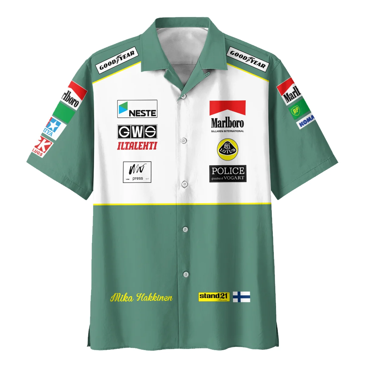 1991 Mika Hakkinen Racing Suit Lotus F1 Hawaiian Shirt BLVAMH271025A2HW - Image 2