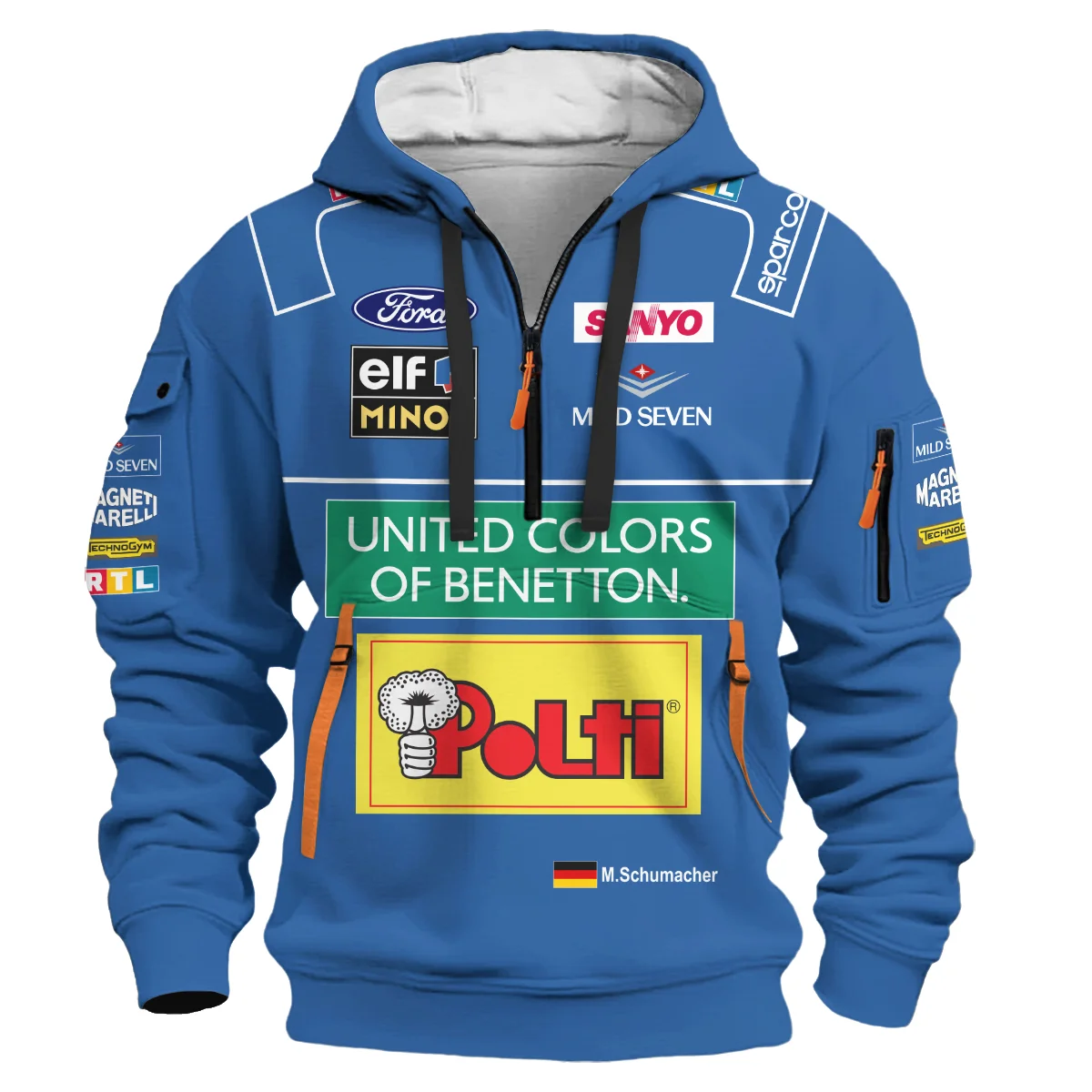 1994 WDC Michael Schumacher Race Suit Benetton F1 Hoodie Half Zip BLVAMC020925A4HDF - Image 2