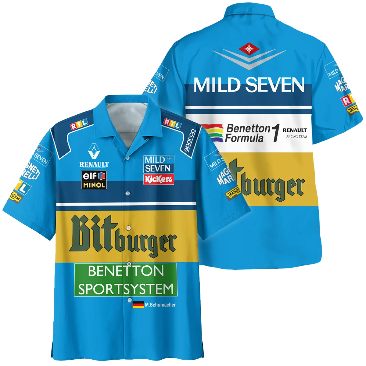 1995 WDC Michael Schumacher Race Suit Benetton F1 Hawaiian Shirt BLVAMC020925A1HW