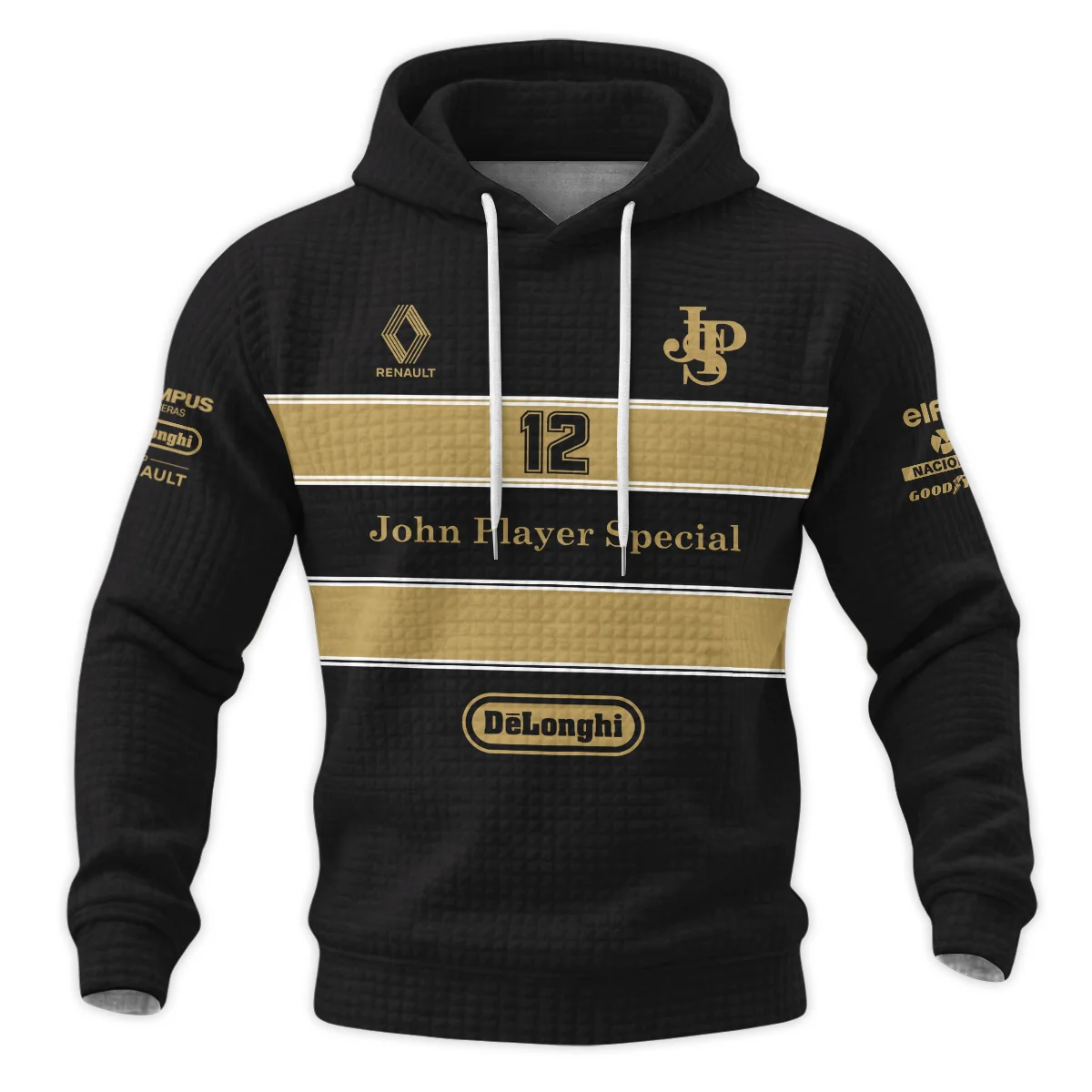 1985 Ayrton Senna John Player Special – Lotus Renault Hoodie Quilted Waffle BL3725A1HQW - Image 2