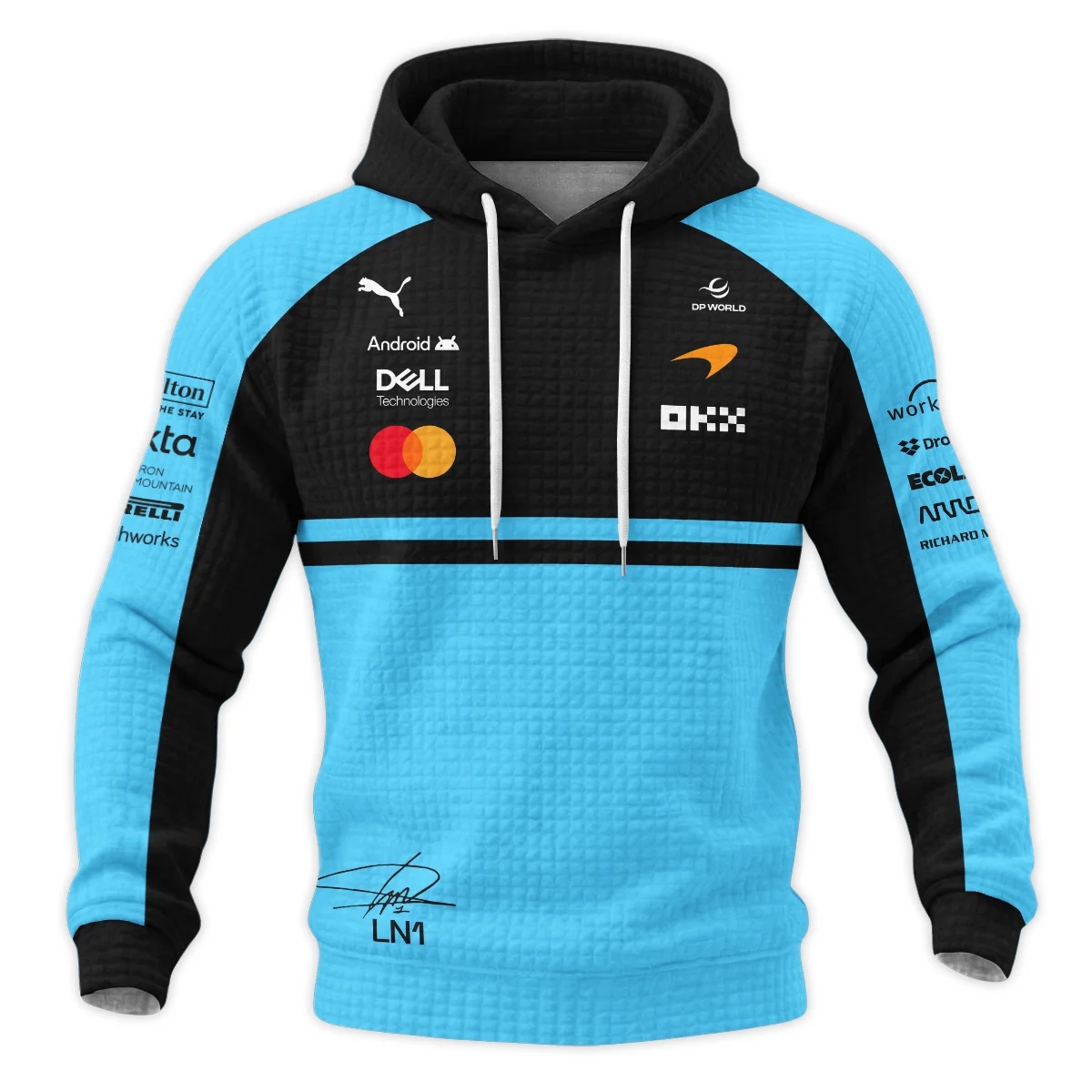 2026 Lando Norris 1 McLaren F1 Teamwear Hoodie Quilted Waffle BLNR25326A3HQW - Cyan - Image 2