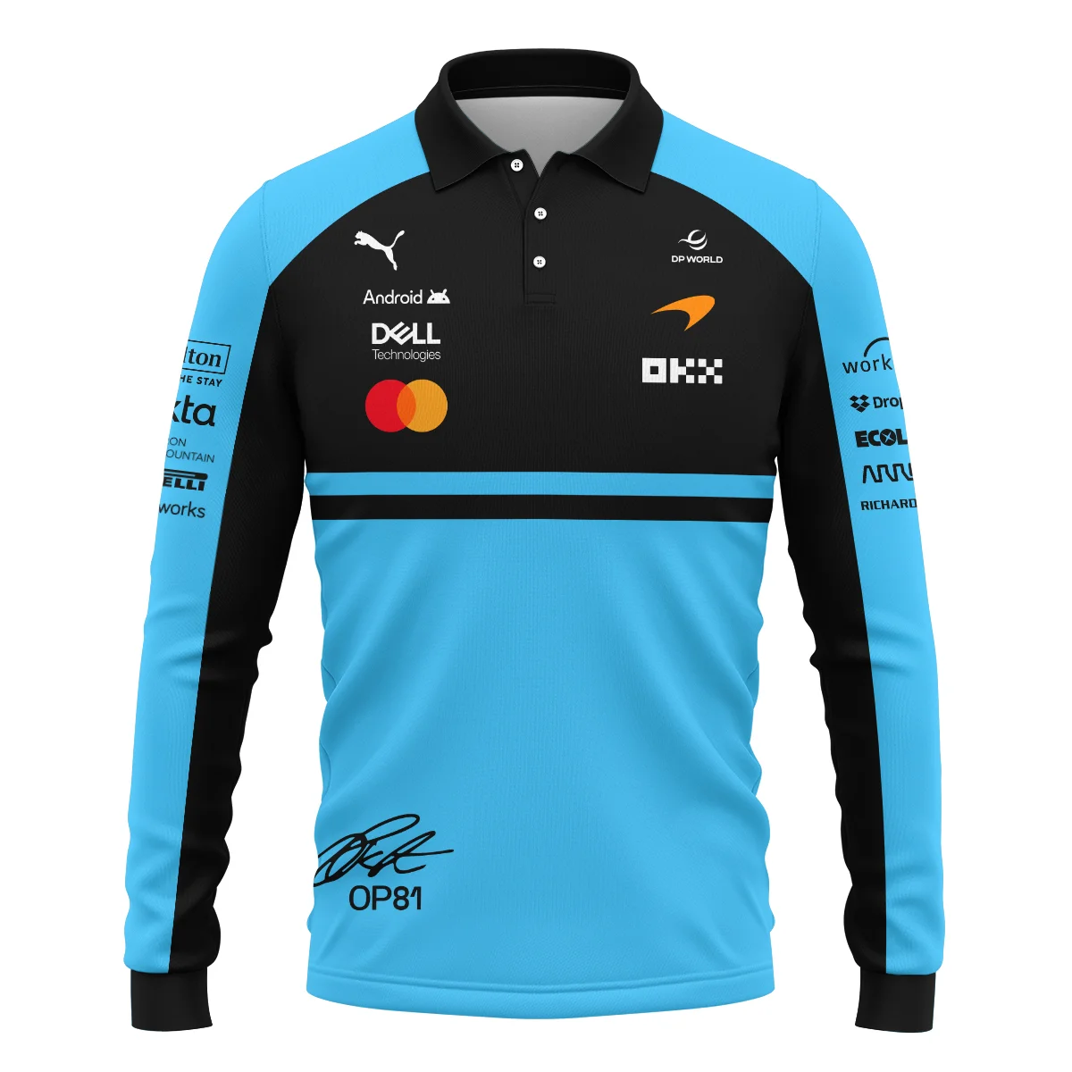 2026 Oscar Piastri 81 McLaren F1 Teamwear Long Polo Shirt BLOP25326A3LPL - Cyan - Image 2